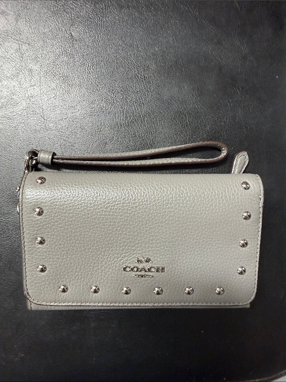 COACH Black Pebbled Leather Studded Key & Card Holder